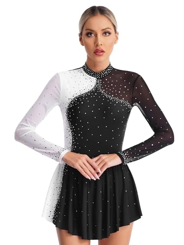 Aislor Damen Eiskunstlauf Kleid Mesh Langarm Tanzkleid Glitzer Rollschuhkleid Ballettkleid Trikot Kleid Ballettkleidung Ballettanzug Tanz Kostüm Schwarz XXL von Aislor