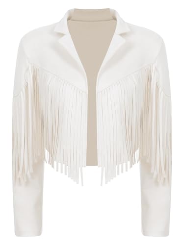 Aislor Damen Fransen Jacke Langarm Cowboy Jacke Hippie Kostüm Fransenmantel Westernjacke Cowgirl Outfit Halloween Kostüm Karneval Party Weiß M von Aislor