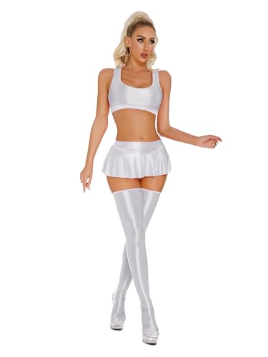 Aislor Damen Glänzend BH Top Yoga Top Crop Top + Sport Rock Minirock + Nylon Strumpfhose Yoga Fitness Sportanzug Unterwäsche Set Weiß M von Aislor
