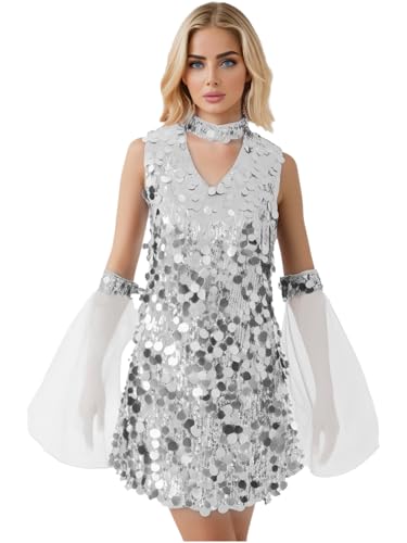 Aislor Damen Glitzer Kleid Ärmellos Paillettenkleid Vintage A-Linien Minikleid 70er Jahre Disco Kleid Partykleid Hippie Kostüm Halloween Rave Outfit Clubwear Silber XXL von Aislor