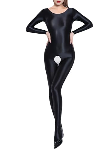 Aislor Damen Glossy Bodystocking Offener Schritt Strumpfhose Langarm Jumpsuit Stretchy Bodysuit Catsuit Dessous Babydoll Schwarz L von Aislor