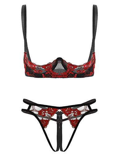 Aislor Damen Hebe BH Set Ouvert Spitze BH Offene Brust Dessous Lace Bra Push Up mit Offener Schritt Slip Erotik Lingerie Negligee Underwear Rot OneSize von Aislor
