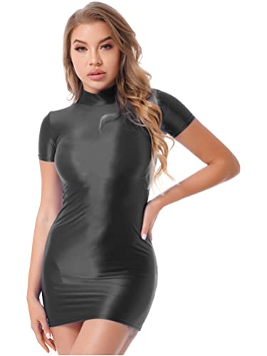 Aislor Damen Kleid Bodycon Kleider Öl Glänzende Minikleid Hoher Kragen Partykleid Figurbetontes Kleid Casual Freizeitkeid Gogo Clubwear Schwarz M von Aislor