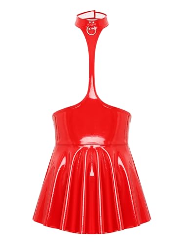 Aislor Damen Lack Leder Kleid Brustfrei Minikleid Wetlook Neckholder Lederkleid Bodycon Partykleid Clubwear Rot L von Aislor