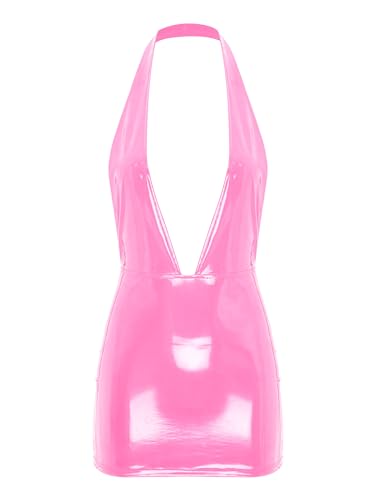 Aislor Damen Lack Leder Kleid Wetlook Kleid Kurz PU Leder Neckholder Tief V-Ausschnitt Bodycon Minikleid Rückenfrei Partykleid Gogo Party Clubwear Rosa XL von Aislor