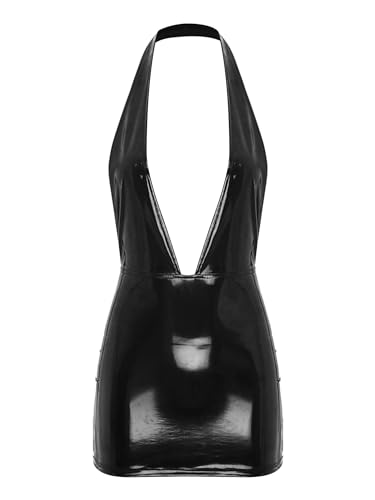 Aislor Damen Lack Leder Kleid Wetlook Kleid Kurz PU Leder Neckholder Tief V-Ausschnitt Bodycon Minikleid Rückenfrei Partykleid Gogo Party Clubwear Schwarz 4XL von Aislor