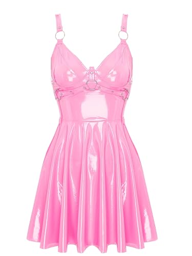 Aislor Damen Lack Leder Kleid Wetlook Minikleid Kurz Kunst Leder Kleid Rückenfrei Partykleid Skater Rock Party Clubwear Lackkleid C Rosa XXL von Aislor