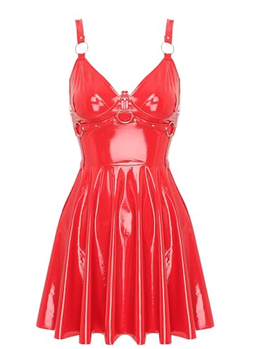 Aislor Damen Lack Leder Kleid Wetlook Minikleid Kurz Kunst Leder Kleid Rückenfrei Partykleid Skater Rock Party Clubwear Lackkleid B Rot S von Aislor