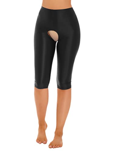Aislor Damen Leggings Kurze Glänzende Radlerhose Transparent Ouvert Kompressionshose Sporthose für Yoga Joggen Fitness Unterhose Schwarz M von Aislor