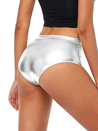 Aislor Damen Metallic Unterhosen Glänzend Hotpants High Waist Panties Stretch Shorts Fasching Karneval Party Rave Outfit Clubwear Disco Kostüm Gogo B Silber L von Aislor