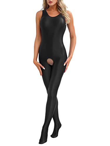 Aislor Damen Öl Bodysuit Offene Schritt Ganzkörperanzug Ärmellos Jumpsuits Glänzend Catsuit Reizwäsche Dessous Clubwear Schwarz M von Aislor