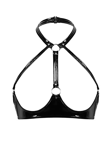 Aislor Damen Ouvert BH Offene Brust Unterwäsche Leder Crop Top Latex Oberteil Neckholder Bra Push Up Bustier Weste Bikini Oberteil Clubwear Schwarz L von Aislor