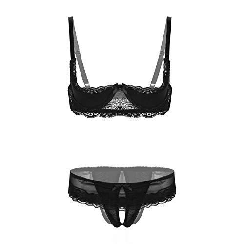 Aislor Damen Ouvert BH Set Hebe BH Spitze Dessous Lace Bra Nippelfrei mit Slip Offener Schritt String Verführerische Kleidung Erotik Lingerie Schwarz B M von Aislor