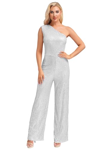 Aislor Damen Pailletten Jumpsuit Vintage Disco Kostüm 80 90er EIN-Schulter Overall Festlich Cocktail Fasching Karneval Clubwear A Silber XL von Aislor