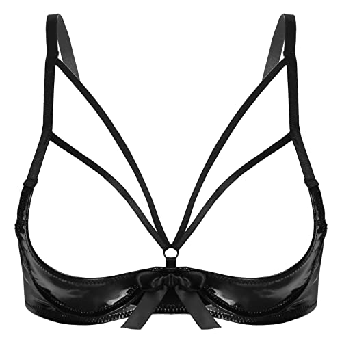 Aislor Damen Reizwäsche Lackleder BH Brustfrei Brustier Wetlook Bra Neckholder Oberteil Harness Kostüm Party Gogo Top Clubwear Dessous Z Schwarz A M von Aislor