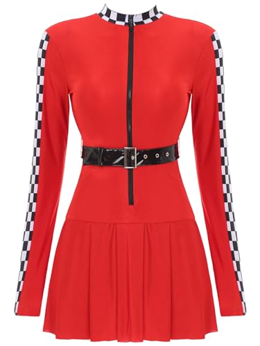 Aislor Damen Rennfahrer Kostüm Kleid Langarm Slim Fit Minikleid mit Zipper Gürtel Pullover Kleid Tenniskleid Halloween Karneval Party A Rot L von Aislor