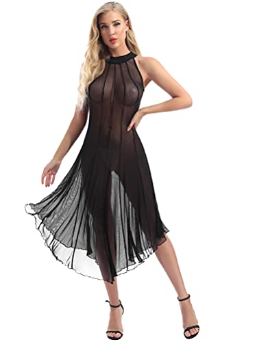 Aislor Damen Spitze Lang Kleider Sexy Durchsichtig Neckholder Spitzenkleid V-Ausschnitt Rückenfrei Nachtkleid Reizvolle Nachthemden A Schwarz XL von Aislor