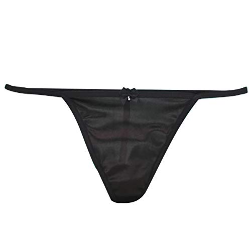 Aislor Damen String Tanga G-String Seide Satin Slip Glatte Unterwäsche T-Back Panties Glänzend Shorts mit Schleife Underwear Schwarz M von Aislor