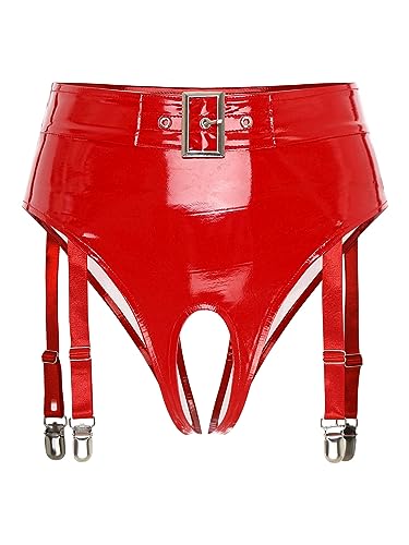 Aislor Damen String Tanga Wetlook Lack Leder Slip Unterhose mit Strumpf Clip Offen im Schritt Panties Sexy Hotpants Unterwäsche Rot 3XL von Aislor