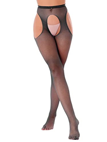 Aislor Damen Strumpfhose Sexy Hohe Taille Netzstrümpfe Offener Schritt Pantyhose Ouvert Leggings Elastische Slim Fit Lang Hose Pantyhose A Schwarz Einheitsgröße von Aislor