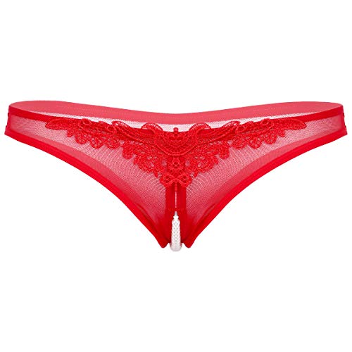 Aislor Damen Transaprent Slip Perlen String Tanga Ouvert Spitze Dessous Erotik Bikini Slip Mesh Unterhose Höschen mit Perlen-Ketten Rot A Einheitsgröße von Aislor