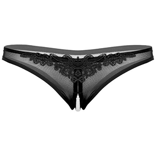 Aislor Damen Transaprent Slip Perlen String Tanga Ouvert Spitze Dessous Erotik Bikini Slip Mesh Unterhose Höschen mit Perlen-Ketten Schwarz A Einheitsgröße von Aislor