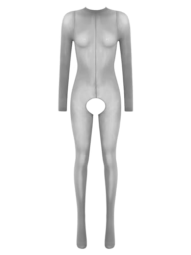 Aislor Damen Transparent Bodystocking Strumpfhose Nylon Ganzkörper Strumpfhose Langarm Offen im Schritt Bodysuit Catsuit Nachtwäsche Lingerie Grau ouvert Einheitsgröße von Aislor
