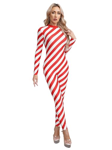 Aislor Damen Weihnachts Jumpsuit Zuckerstangen Kostüm Streifen Gymnastikanzug Langarm Turnanzug Ganzkörperanzug Overalls für Training Tanzkostüm Rot XXL von Aislor