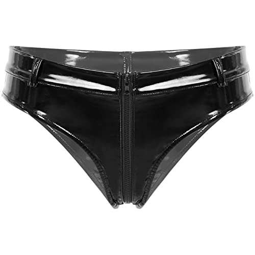 Aislor Damen Wetlook Slip Lackleder Unterhose Unterwäsche mit Reißverschluss Hotpants Shorts Ouvert Briefs Höschen Bikinislip Schwarz_B M von Aislor