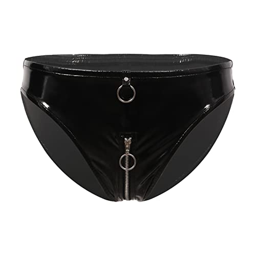 Aislor Damen Wetlook Slip Lackleder Unterhose Unterwäsche mit Reißverschluss Hotpants Shorts Ouvert Briefs Höschen Bikinislip T Schwarz L von Aislor