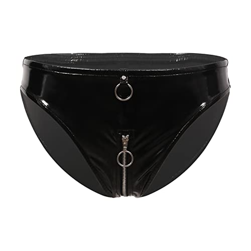 Aislor Damen Wetlook Slip Lackleder Unterhose Unterwäsche mit Reißverschluss Hotpants Shorts Ouvert Briefs Höschen Bikinislip T Schwarz M von Aislor