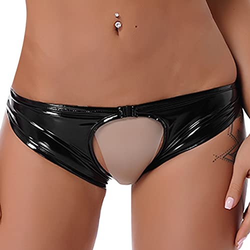 Aislor Damen Wetlook Slip Ouvert Dessous Metallic Hotpants Open Crotch & Butt Panties Lingerie Latex Hose Lederoptik GOGO Clubwear M L XL Schwarz A L von Aislor