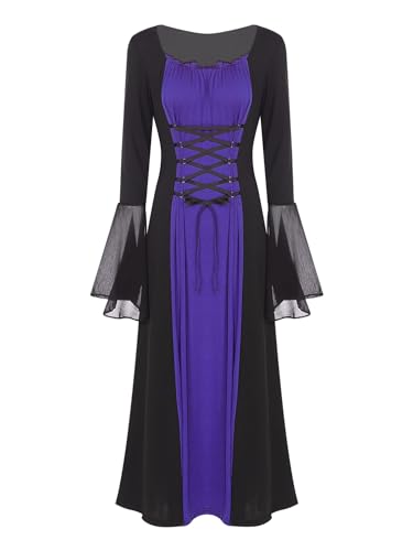 Aislor Gothic Halloween Kleid Damen Baumwolle Mittelalter Kleidung Viktorianisches Kleid mit Schnürung Trompetenärmel Karneval Party Faschingskostüm Violett XL von Aislor