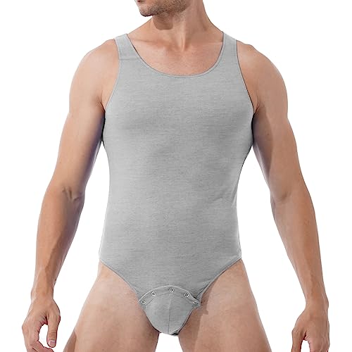 Aislor Herren Ärmellose Body Einteiler Bodysuit Rundhals Overall cSportbody mit Knöpfen Unterwäsche Unterhemd Sportswear Workout Gym Grau M von Aislor