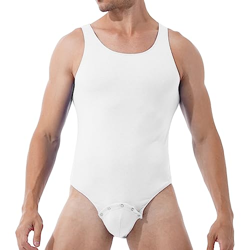 Aislor Herren Ärmellose Body Einteiler Bodysuit Rundhals Overall cSportbody mit Knöpfen Unterwäsche Unterhemd Sportswear Workout Gym Weiß M von Aislor