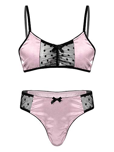 Aislor Herren Dessous Set Sissy Transparent BH Bustier+ String Tanga Mesh Nachtwäsche Unterwäsche Set Crossdresser Kleidung M-XXL Rosa XL von Aislor