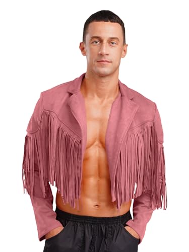 Aislor Herren Fransen Jacke Langarm Cowboy Jacke Hippie Kostüm Westernjacke Halloween Cosply Karneval Kostüm Mottopartys Rosa XL von Aislor