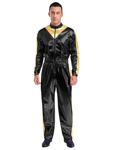 Aislor Herren Glitzer Disco Kostüm 70er 80er Metallic Jumpsuit Langarm Overall Bodysuit Fasching Karneval Kostüm Nachtclubs Schwarz L von Aislor