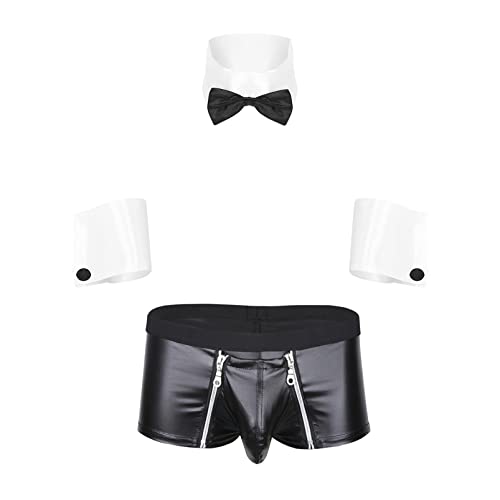 Aislor Herren Kostüme 4TLG. Kellner Kostüm Barkeeper Outfit Erotische Unterwäsche Männer String Tanga+ Kragen+ Armbänder Clubwear V Weiß&Schwarz L von Aislor