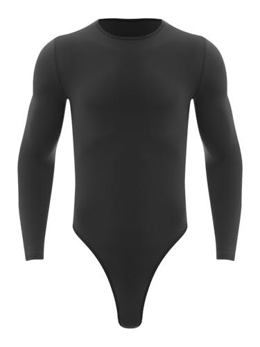 Aislor Herren Langarm Bodysuit Jumpsuit Stringbody Sportbody Eng Top Unterhemd Muskelshirt Sport Shirt Oberteil Unterwäsche Lingerie Schwarz XL von Aislor