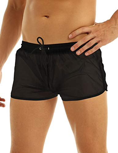 Aislor Herren Reizwäsche Boxer Shorts Transparent Unterwäsche Hose Kurz Atmungsaktive Slip Badeshorts mit Kordelzug für Schwimm Poolparty Schwarz XL von Aislor