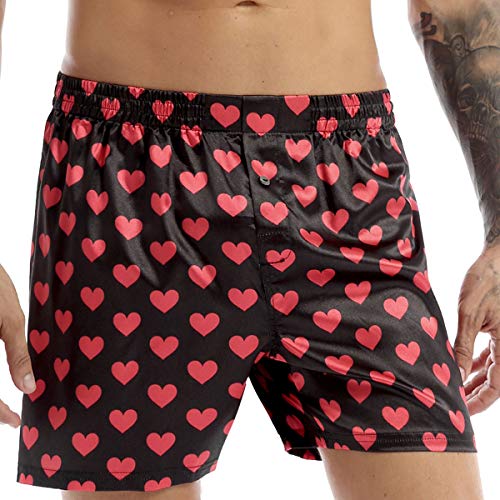 Aislor Herren Satin Unterwäsche Weihnachten Boxershorts Slip Weihnachtsmann Kostüm Loungwear Schlafanzughose mit Rentier-Schädel-Herzmuster M-XXL Schwarz Herz L von Aislor