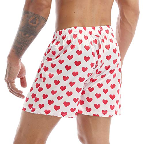 Aislor Herren Satin Unterwäsche Weihnachten Boxershorts Slip Weihnachtsmann Kostüm Loungwear Schlafanzughose mit Rentier-Schädel-Herzmuster M-XXL Weiß Herz XL von Aislor