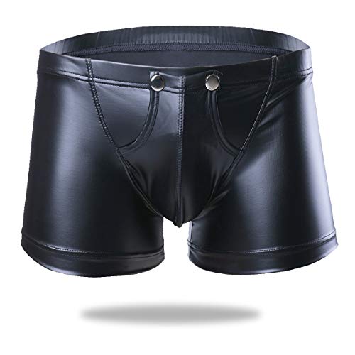 Aislor Herren Shorts Wetlook Ouvert Slip Dessous Leder Boxershorts Unterhose String Tanga Vorne Offen Ledershorts Clubwear M-XXL Schwarz M von Aislor