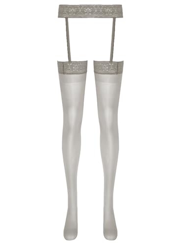 Aislor Herrren Durchsichtigen Strumpfhosen mit Strumpfgürtel Nylon Strümpfe Spitze Leggings Schlafanzug Unterhose Männer Dessous Grau Einheitsgröße von Aislor