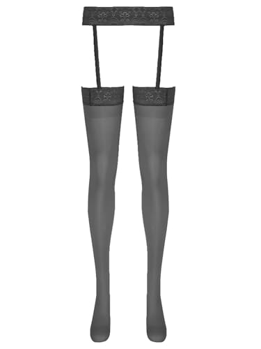 Aislor Herrren Durchsichtigen Strumpfhosen mit Strumpfgürtel Nylon Strümpfe Spitze Leggings Schlafanzug Unterhose Männer Dessous Schwarz Einheitsgröße von Aislor