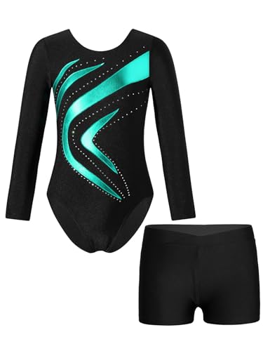 Aislor Kinder Gymnastikanzug Mädchen Glitzer Turnanzug Langarm Tanzbody mit Gymnastik Shorts Strass Turnbody Ballett Trikotbody Ballettkleidung Dancewear Blaugrün 134-140 von Aislor