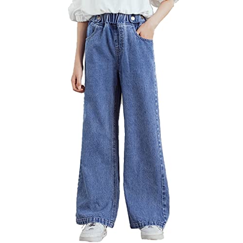 Aislor Kinder Jeans Mädchen High Waist Jeanshose Loose Jeans Weite Beine Hose Lang Denim Hose mit Elastischem Bund Freizeithosse Gr.110-164 J Blau 152-158 von Aislor