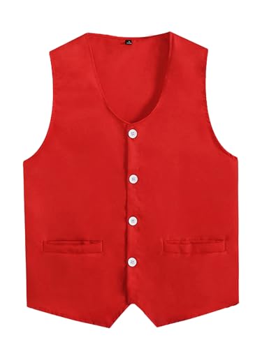 Aislor Kinder Jungen Mädchen Weste V Ausschnitt Anzugweste ärmellos Unregelmäßiger Knöpfen Jacke Weste Freiwillige Uniform Freiwilligenaktivität Party Rot 146-152 von Aislor