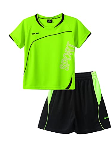 Aislor Kinder Sport Set Jungen Sport Kleidung Mädchen Zweiteiler Kurz Fußballuniform Loose Fit Trainingsanzug Kurze Ärmel Trikot Mit Shorts Sportanzug A Leuchtendes Grün 122-128 von Aislor